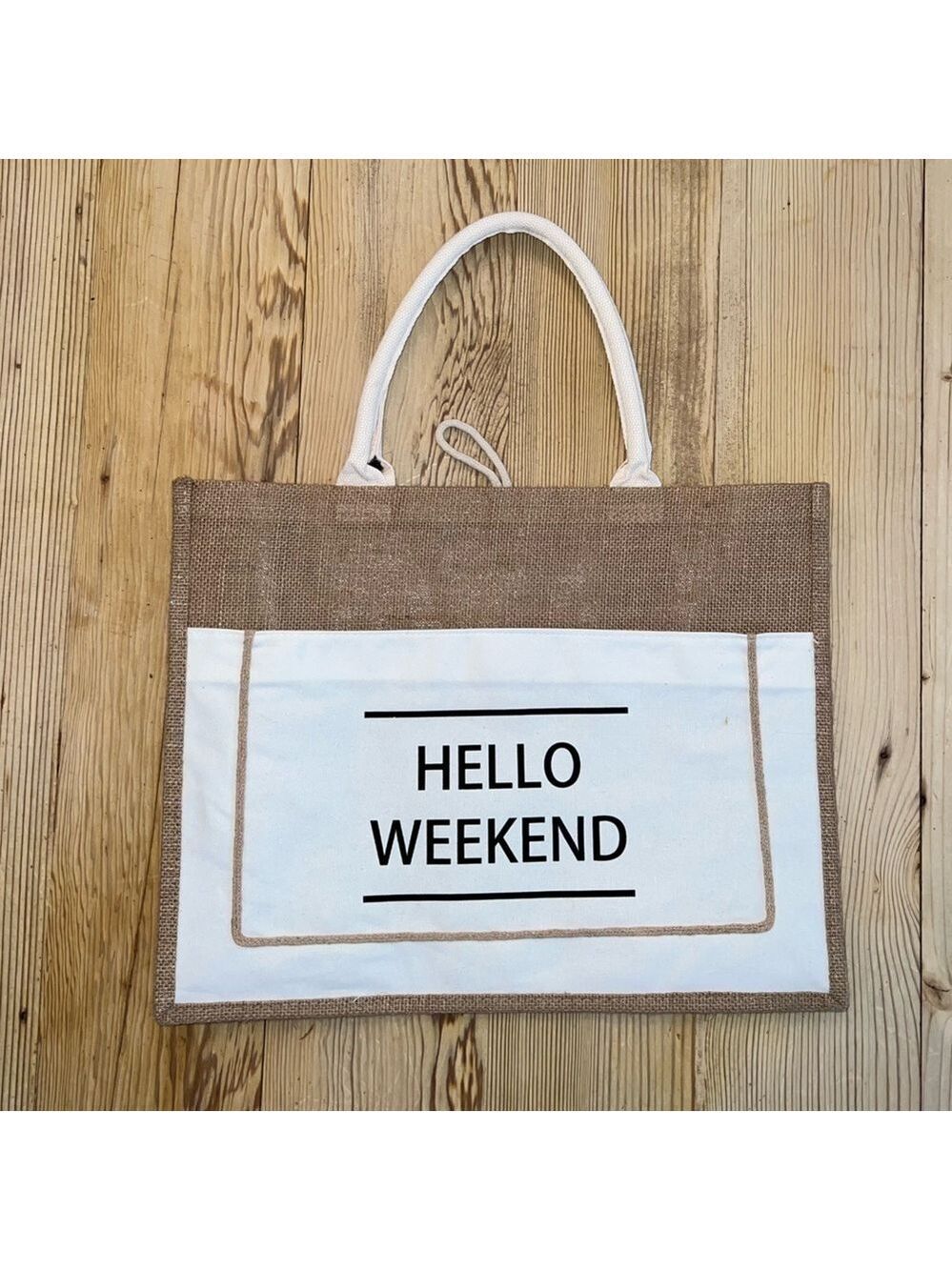 Hello Weekend Tote Bag White And Tan Raffia/Burlap Material